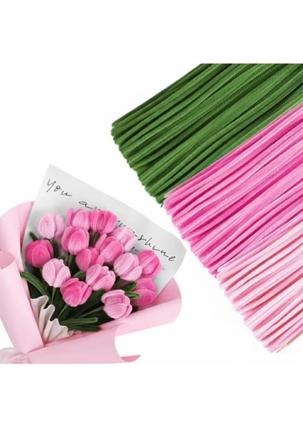 75 Adet 3'lü Şönil Şeker Pembe , Soft Pembe ve Haki Yeşil ,çiçek Yapımına Uygun Tüylü Tel