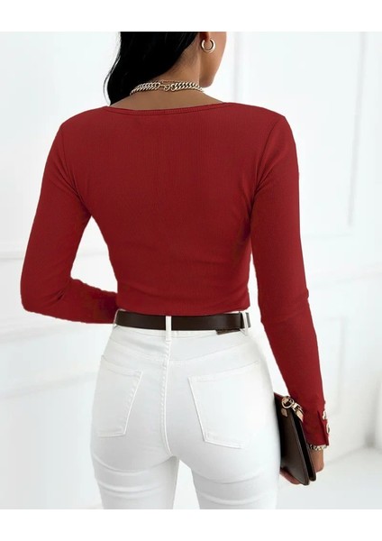 Kadın Uzun Kollu Yakadan Açık ve Düğme Detaylı Kaşkorse Bluz modelleri