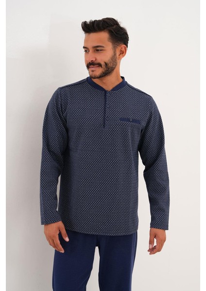 Erkek Küçük Kareli Patlı Lacivert Pijama Takımı 8012