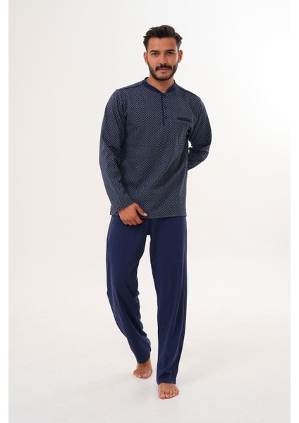 Erkek Küçük Kareli Patlı Lacivert Pijama Takımı 8012