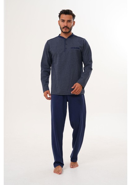 Erkek Küçük Kareli Patlı Lacivert Pijama Takımı 8012