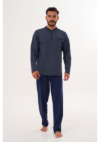 Erkek Küçük Kareli Patlı Lacivert Pijama Takımı 8012