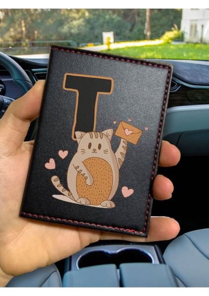 Ruhsat Kılıfı Deri Dikişli Desenli Oto Araba Motor Ruhsat Kabı Kılıfı T Harfi Kedili