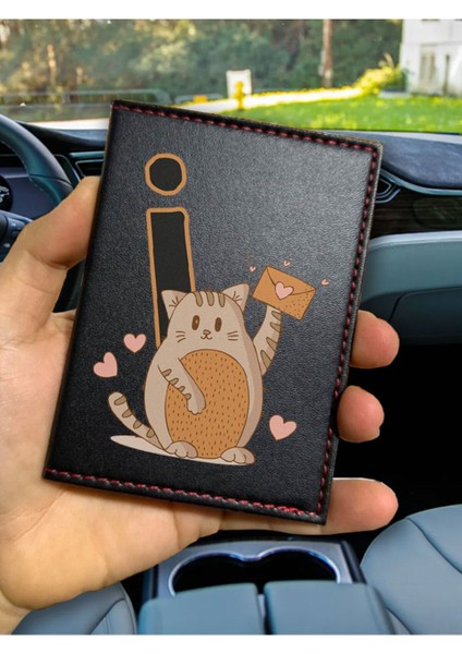Ruhsat Kılıfı Deri Dikişli Desenli Oto Araba Motor Ruhsat Kabı Kılıfı I Harfi Kedili
