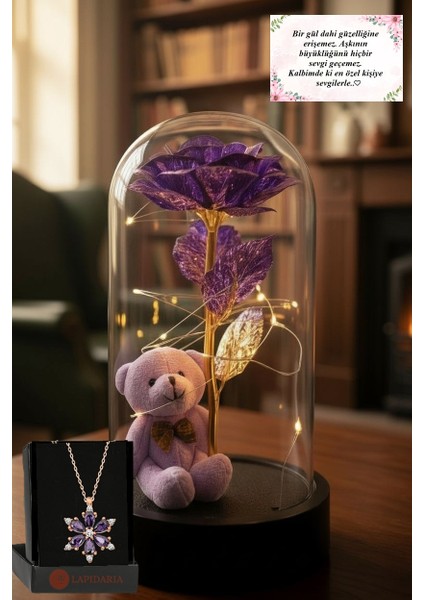 Mor Ayıcık ile Mor Sonsuzluk Güllü LED Işıklı Fanus ve Lotus Kamelya Çiçeği Kolye Sevgiliye Hediye