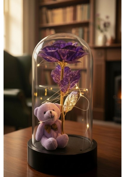 Mor Ayıcık ile Mor Sonsuzluk Güllü LED Işıklı Fanus ve Lotus Kamelya Çiçeği Kolye Sevgiliye Hediye fiyatları