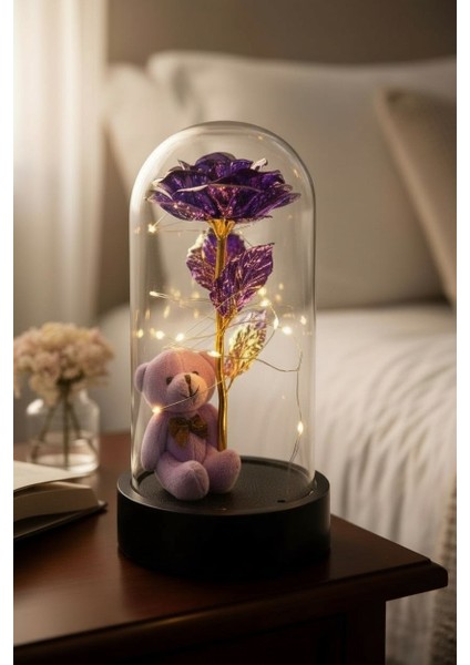 Mor Ayıcık ile Mor Sonsuzluk Güllü LED Işıklı Fanus ve Lotus Kamelya Çiçeği Kolye Sevgiliye Hediye fırsatları