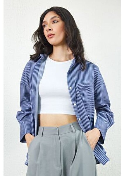 Lacivert Çizgili Kadın Gömlek Uzun Kol Günlük Sokak Stili Oversize