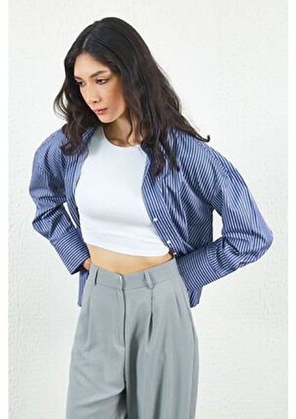 Lacivert Çizgili Kadın Gömlek Uzun Kol Günlük Sokak Stili Oversize