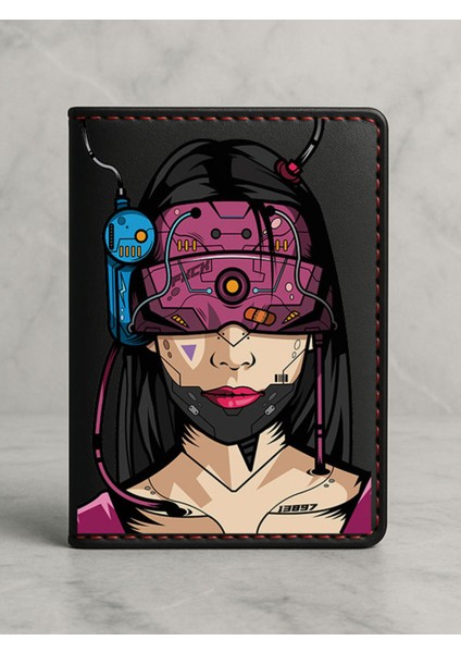 Ruhsat Koruyucu Baskılı Kart Bölmeli Siyah Vinlex Deri Ruhsat Kabı Kılıfı Cybergirl