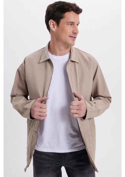 Erkek Relax Fit Rahat Kesim %100 Pamuk Çift Cepli Fermuarlı Bej Mont Gömlek fiyatları
