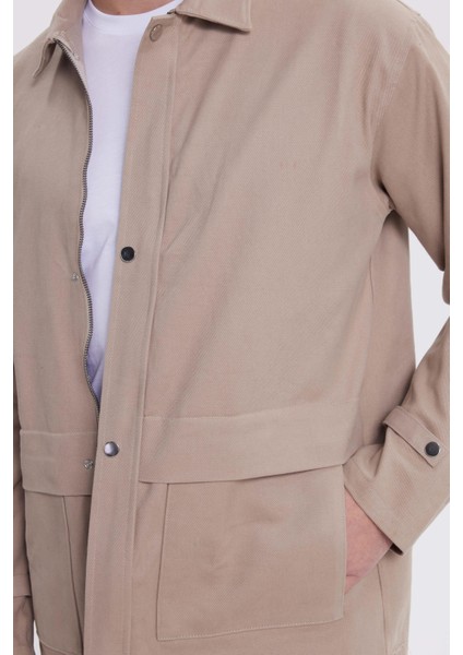 Erkek Relax Fit Rahat Kesim %100 Pamuk Çift Cepli Fermuarlı Bej Mont Gömlek modelleri