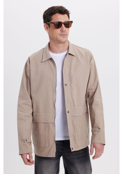 Erkek Relax Fit Rahat Kesim %100 Pamuk Çift Cepli Fermuarlı Bej Mont Gömlek fırsatları