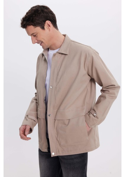 Erkek Relax Fit Rahat Kesim %100 Pamuk Çift Cepli Fermuarlı Bej Mont Gömlek