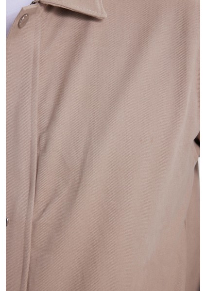 Erkek Relax Fit Rahat Kesim %100 Pamuk Çift Cepli Fermuarlı Bej Mont Gömlek