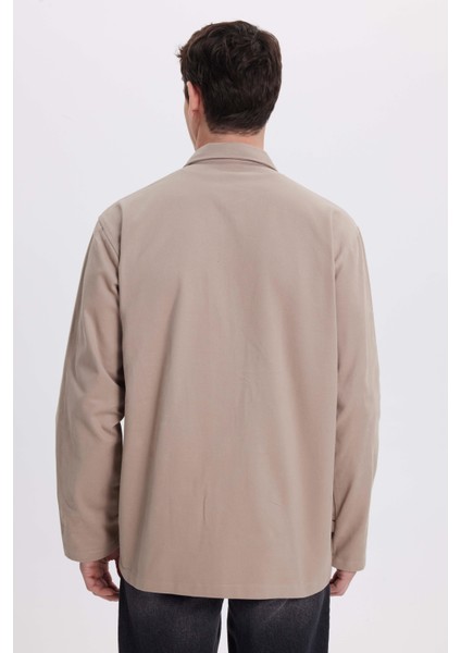 Erkek Relax Fit Rahat Kesim %100 Pamuk Çift Cepli Fermuarlı Bej Mont Gömlek