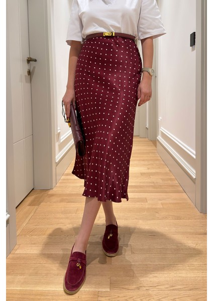 Puantiyeli Saten Premium Etek- Bordo