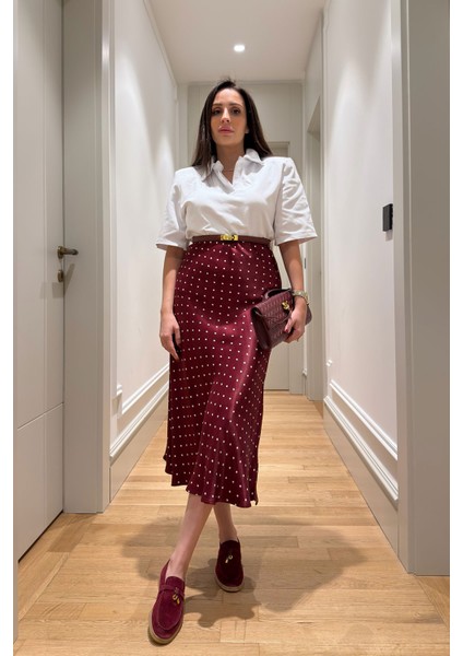 Puantiyeli Saten Premium Etek- Bordo fiyatları