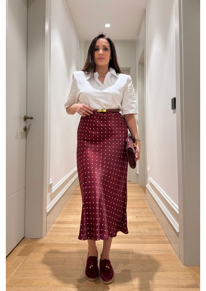 Puantiyeli Saten Premium Etek- Bordo fırsatları