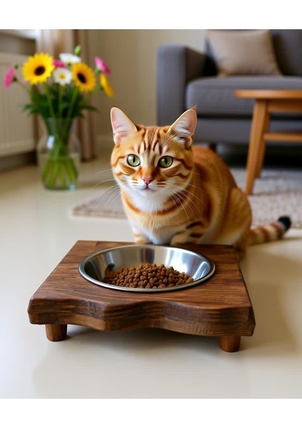 Doğal Masif Ahşap Tekli Kedi Köpek Mama Kabı Su Tası Standı Pet Shop