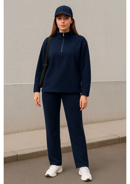 Kadın Balıkçı Yaka Fermuar Detay Polar Sweat ve Pantolon Ikili Takım modelleri