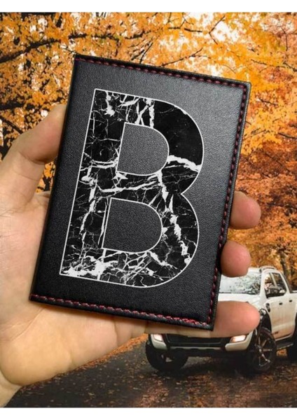 B Harfi Mermer Ruhsat Kabı Logolu Oto Ruhsat Kılıfı Vinleks Deri Dikişli Araç Ruhsat Koruyucu