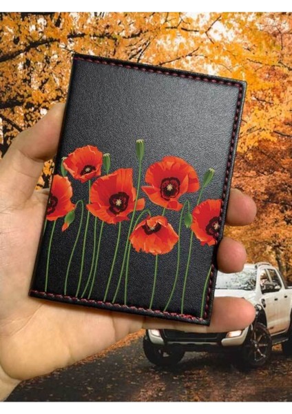 Kırmızı Gelincik Ruhsat Kabı Logolu Oto Ruhsat Kılıfı Vinleks Deri Dikişli Araç Ruhsat Koruyucu