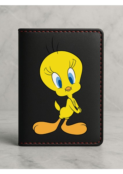 Ruhsat Koruyucu Baskılı Kart Bölmeli Siyah Vinlex Deri Ruhsat Kabı Kılıfı Tweetydesen