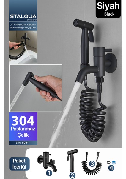 STA-5041 Banyo Alaturka Tuvalet Taharet Musluğu Spiralli Bide Özel Temizlik 7 Yıl Garantili Siyah, 304 Çelik