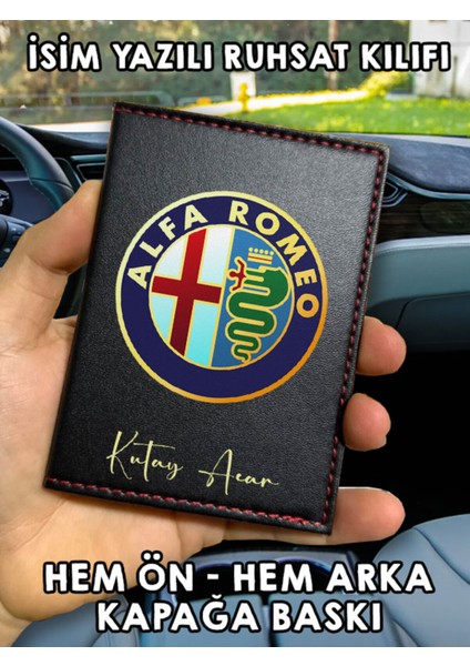 Alfa Romeo Ön Arka Baskılı Oto Araç Ruhsat Kabı Kartlık Deri Isim Yazılı Kişiye Özel Cüzdan