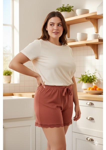 Bambu Fitilli Kadın Ev Şortu Bacak Dantel Detaylı Ev Giyim Taba indirimleri