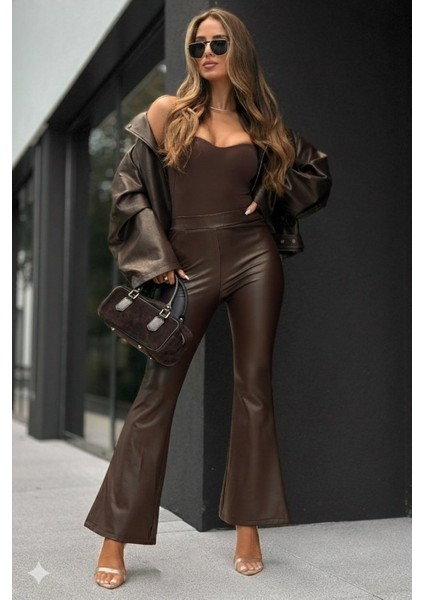 Kadın Yüksek Bel Ispanyol Paçalı Deri Pantolon modelleri