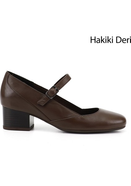 Kadın Kahve Antik Kısa Kalın Topuklu Mary Jane Hakiki Deri Ayakkabı