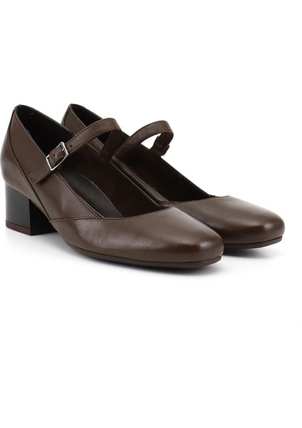 Kadın Kahve Antik Kısa Kalın Topuklu Mary Jane Hakiki Deri Ayakkabı