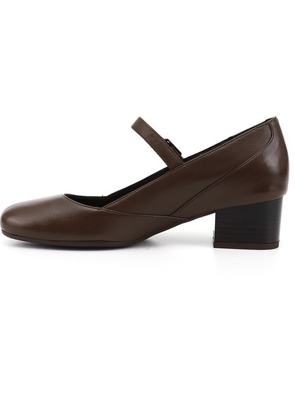 Kadın Kahve Antik Kısa Kalın Topuklu Mary Jane Hakiki Deri Ayakkabı