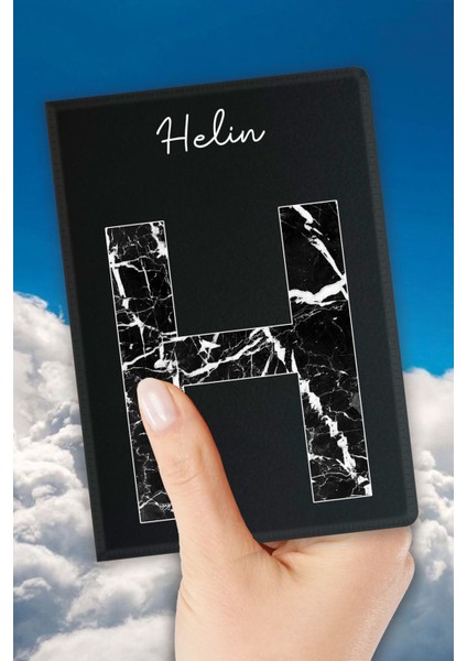 Isim Yazılı Pasaport Kılıfı Desenli Pasaport Kabı Kişiye Özel - H Harfi Mermer