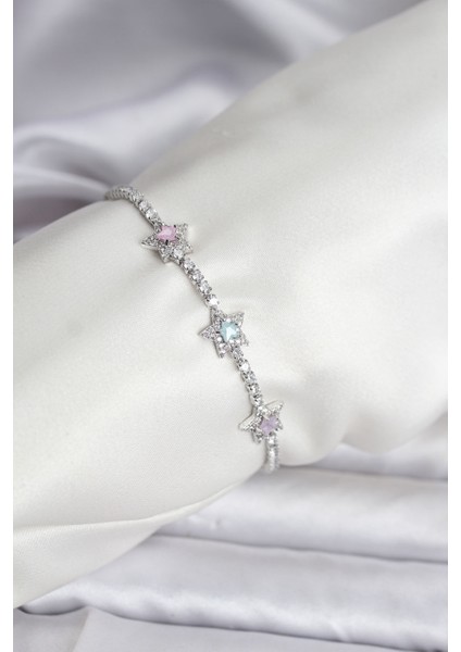 Renkli Yıldız Zirkon Taşlı Gümüş Renk Pirinç Su Yolu Kadın Bileklik