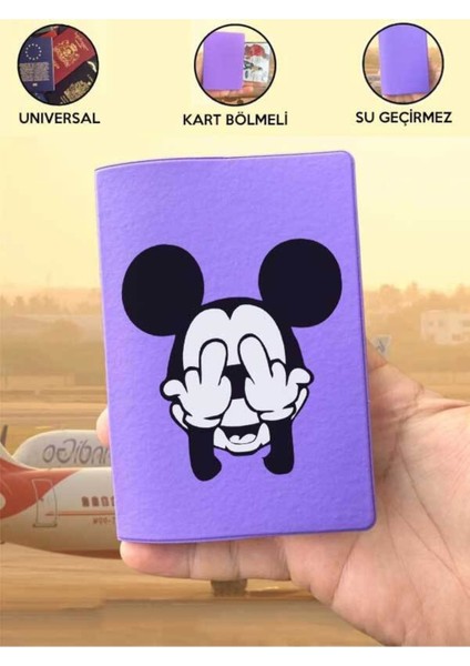 Tüm Ülke Pasaportlarına Uyumlu Mickey Karakter Mor Vinleks Pasaport Kılıfı Kabı