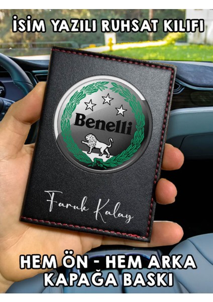 Benelli Ön Arka Baskılı Oto Araç Ruhsat Kabı Kartlık Deri Isim Yazılı Kişiye Özel Cüzdan