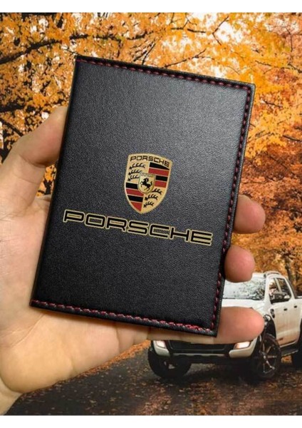 Porsche Desenli Ruhsat Kabı Logolu Oto Ruhsat Kılıfı Vinleks Deri Dikişli Araç Ruhsat Koruyucu