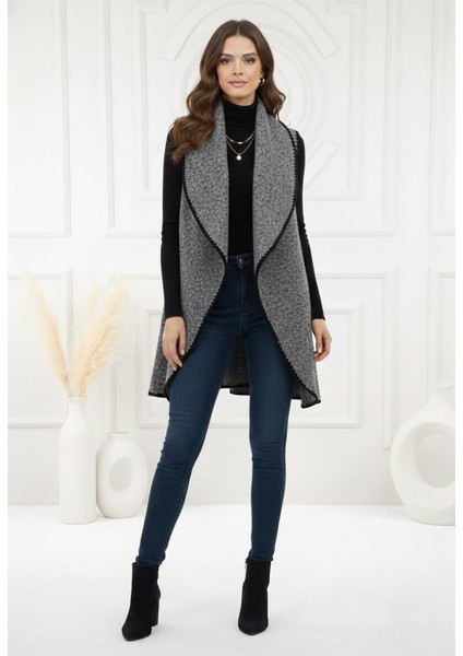 Kadın Oversize Şal Yaka Kaşe Dokuma Dikişli Panço Yelek