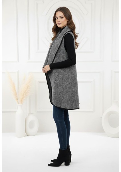Kadın Oversize Şal Yaka Kaşe Dokuma Dikişli Panço Yelek fiyatları