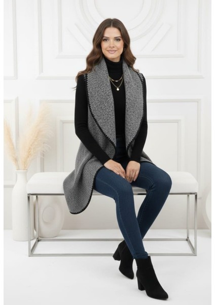Kadın Oversize Şal Yaka Kaşe Dokuma Dikişli Panço Yelek modelleri