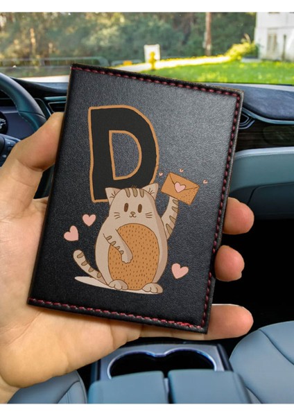 Ruhsat Kılıfı Deri Dikişli Desenli Oto Araba Motor Ruhsat Kabı Kılıfı D Harfi Kedili