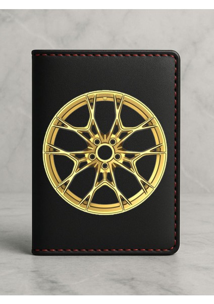 Ruhsat Koruyucu Baskılı Kart Bölmeli Siyah Vinlex Deri Ruhsat Kabı Kılıfı Gold Jant