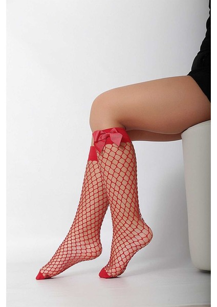 Kırmızı Fileli Diz Altı Fiyonklu Kız Çocuk Çorap