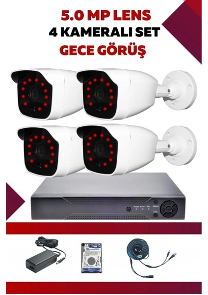4 Kameralı Hd Set - 5mp Sony Lensli Full Hd Gece Görüşlü Güvenlik Kamerası Sistemi