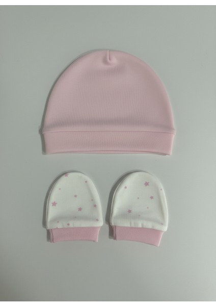 %100 Pamuklu Şapka - Eldiven Seti - Pembe Yıldızlar