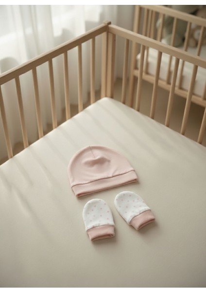 %100 Pamuklu Şapka - Eldiven Seti - Pembe Yıldızlar fırsatları