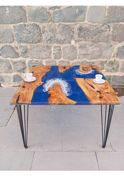 Zeytin Ağacından El Yapımı Ahşap Epoksi Tekli Kare Sehpa -78*78 cm - Yükseklik 52 cm